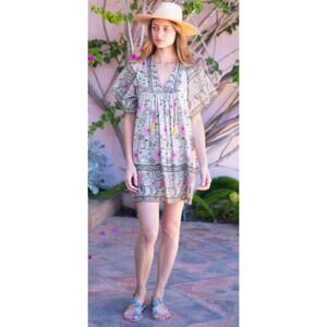 BELL by Alicia Bell Angel. Pleated Silk Mini Dress Wide Sleeve Tassels Size XS